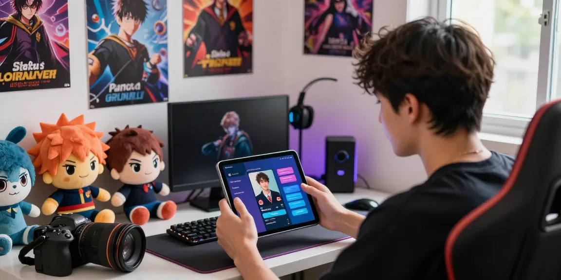 Creating a unique persona in the Status AI app surrounded by popular fandom characters and vibrant decor.
