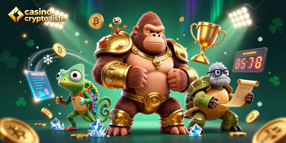 Illustration captivante de la liste des casinos crypto présentant un gorille roi en armure d'or, un caméléon espion et une tortue sage dans un décor de jeux.